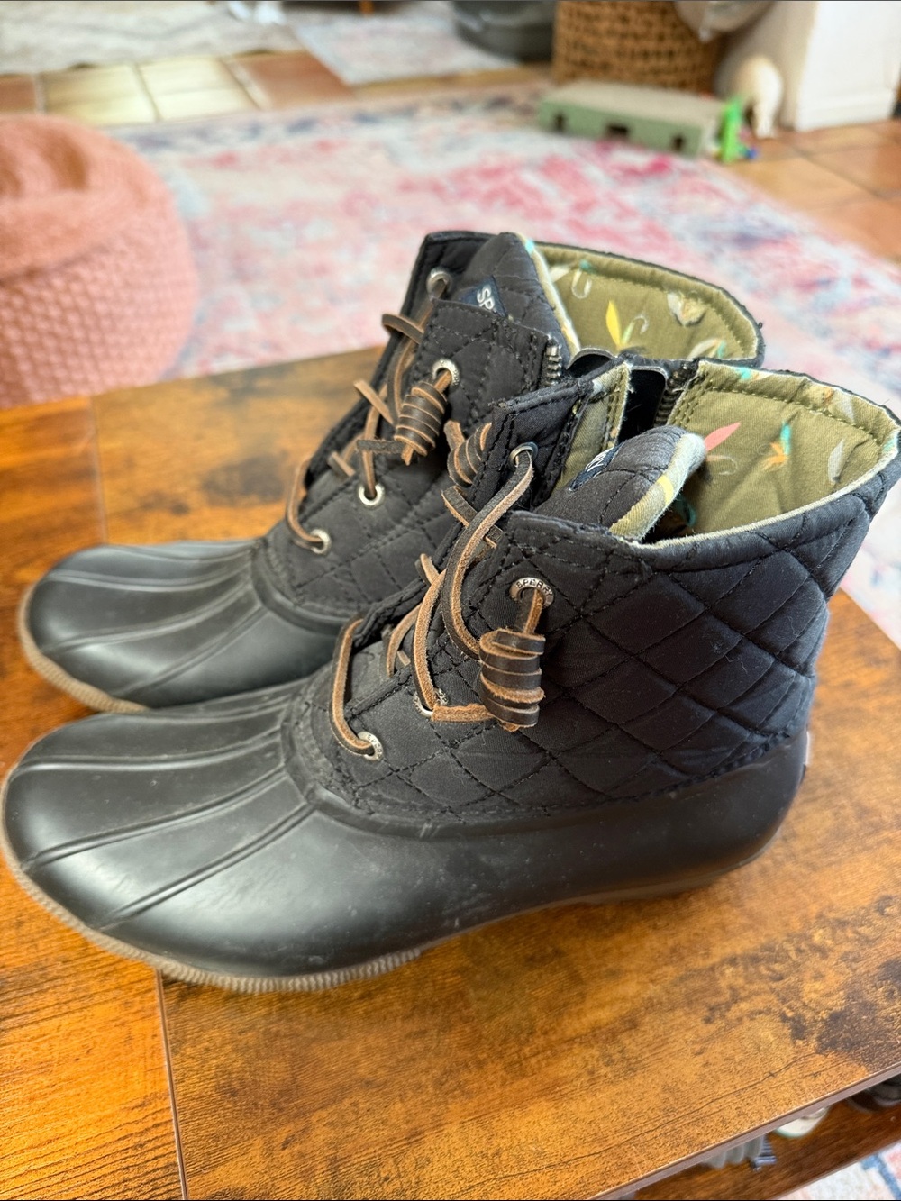 Sperry Black Quilted Lace-Up Duck Boots with Tan Laces